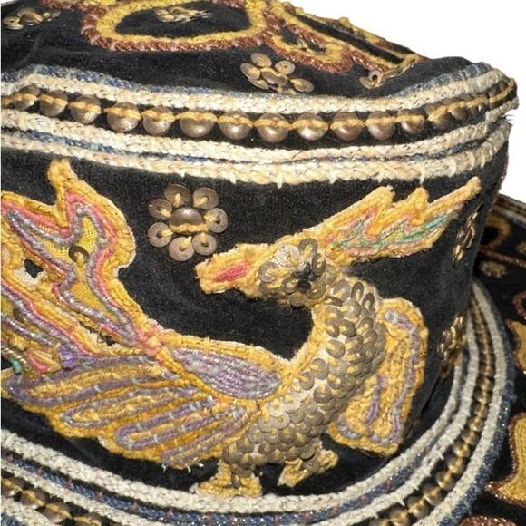 Vintage Myanmar Burmese Burma Kalaga floppy Hat Phoenix Sequins Embroidery. - Picture 11 of 12